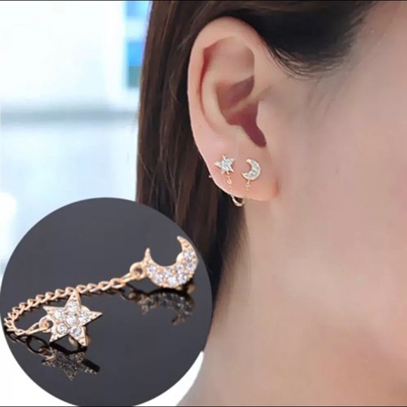 3 for $20 Moon Stars Double Earrings Chain Small - Picture 2 of 3